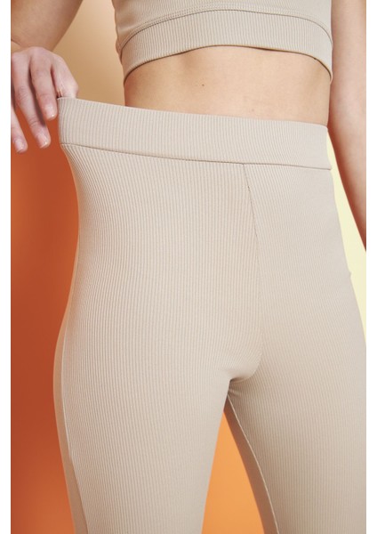 Bej Yüksek Bel Fitilli Toparlayıcı Interlok Örme Spor Dar Paça Kadın Tayt