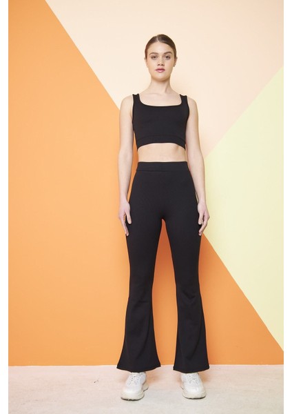 Siyah Yüksek Bel Fitilli Ispanyol Paça Interlok Örme Kadın Tayt