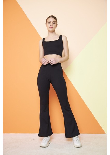 Siyah Yüksek Bel Fitilli Ispanyol Paça Interlok Örme Kadın Tayt fiyatları