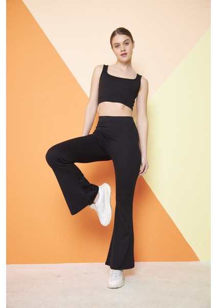 Siyah Yüksek Bel Fitilli Ispanyol Paça Interlok Örme Kadın Tayt modelleri