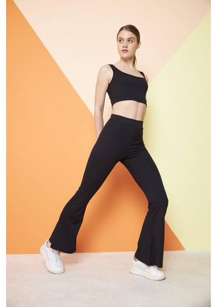 Siyah Yüksek Bel Fitilli Ispanyol Paça Interlok Örme Kadın Tayt fırsatları