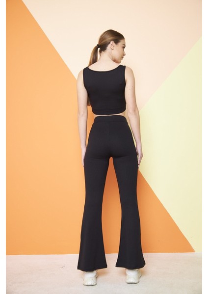 Siyah Yüksek Bel Fitilli Ispanyol Paça Interlok Örme Kadın Tayt indirimleri