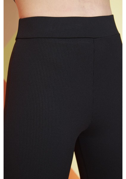 Siyah Yüksek Bel Fitilli Ispanyol Paça Interlok Örme Kadın Tayt