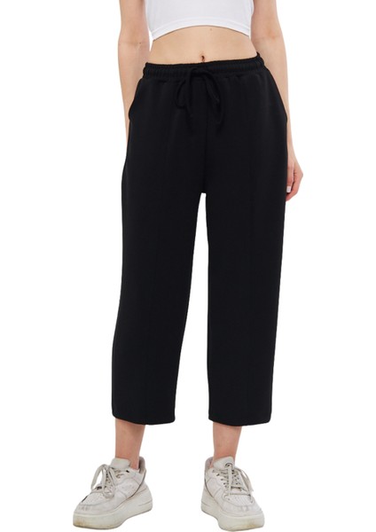 Siyah Ultra Yumuşak, Dikiş Detaylı Havuç Kesim Bağcıklı Lastikli Bilek Boy Kadın Modal Pantolon