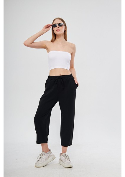 Siyah Ultra Yumuşak, Dikiş Detaylı Havuç Kesim Bağcıklı Lastikli Bilek Boy Kadın Modal Pantolon modelleri