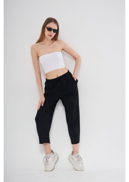 Siyah Ultra Yumuşak, Dikiş Detaylı Havuç Kesim Bağcıklı Lastikli Bilek Boy Kadın Modal Pantolon indirimleri