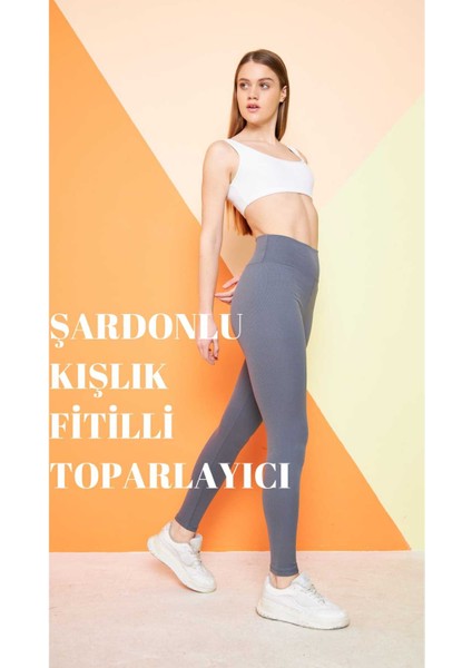 Antrasit Yüksek Bel Fitilli Toparlayıcı İnterlok Örme Şardonlu Spor Kışlık Tayt