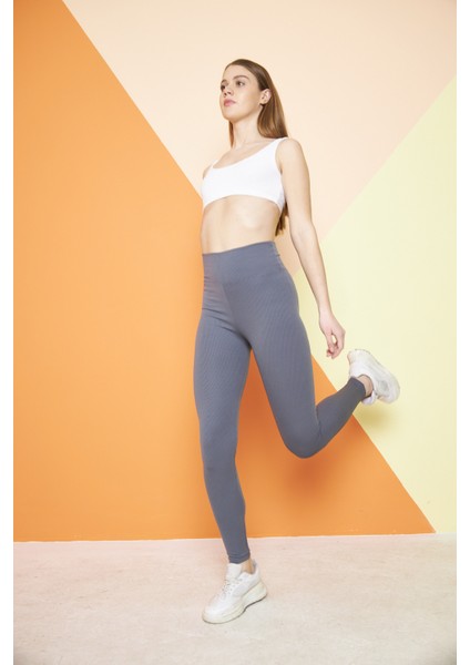 Antrasit Yüksek Bel Fitilli Toparlayıcı İnterlok Örme Şardonlu Spor Kışlık Tayt modelleri