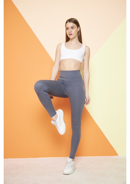 Antrasit Yüksek Bel Fitilli Toparlayıcı İnterlok Örme Şardonlu Spor Kışlık Tayt indirimleri