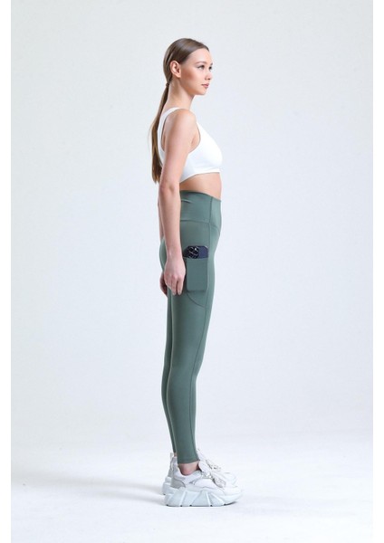 Yeşil Yüksek Bel Sıkılaştırıcı Toparlayıcı Push-Up Çift Cepli Bilek Hizasında Spor Tayt modelleri