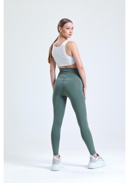 Yeşil Yüksek Bel Sıkılaştırıcı Toparlayıcı Push-Up Çift Cepli Bilek Hizasında Spor Tayt