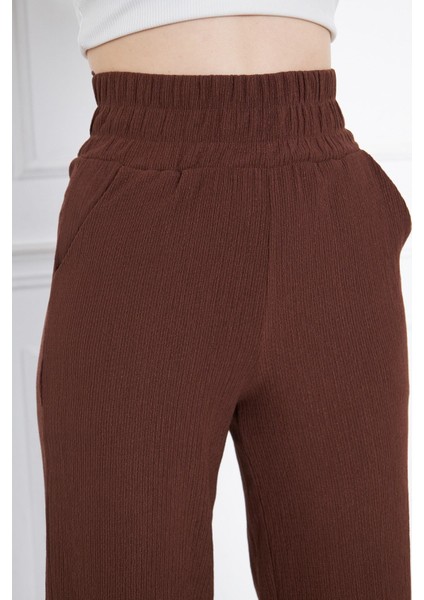 Kahverengi Beli Lastikli Bol Paça Çift Cepli Yüksek Bel Bürümcük Örme Kadın Pantolon fırsatları