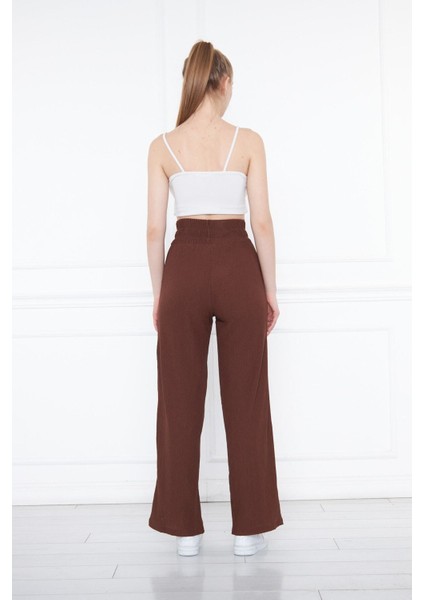 Kahverengi Beli Lastikli Bol Paça Çift Cepli Yüksek Bel Bürümcük Örme Kadın Pantolon indirimleri
