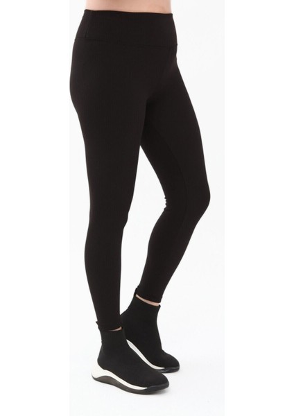 Siyah Büyük Beden Fitilli Yüksek Bel Toparlayıcı Spor Örme Tayt