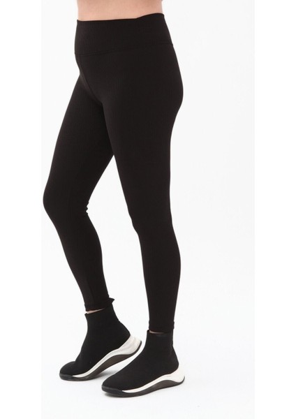 Siyah Büyük Beden Fitilli Yüksek Bel Toparlayıcı Spor Örme Tayt