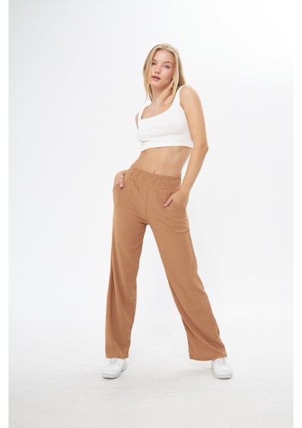 Camel Beli Lastikli Bol Paça Çift Cepli Yüksek Bel Bürümcük Örme Kadın Pantolon