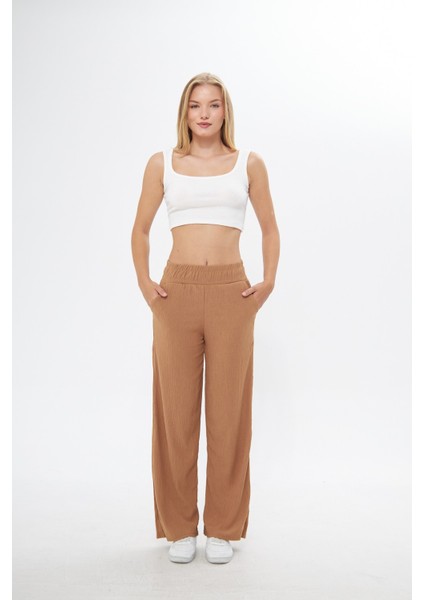 Camel Beli Lastikli Bol Paça Çift Cepli Yüksek Bel Bürümcük Örme Kadın Pantolon