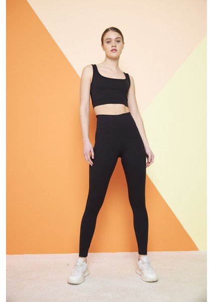 Siyah Yüksek Bel Fitilli Toparlayıcı Interlok Örme Spor Dar Paça Kadın Tayt