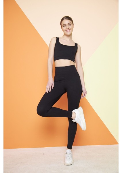 Siyah Yüksek Bel Fitilli Toparlayıcı Interlok Örme Spor Dar Paça Kadın Tayt fiyatları