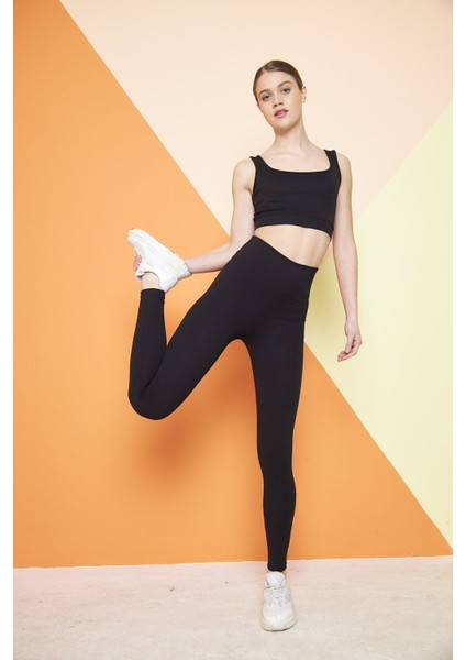 Siyah Yüksek Bel Fitilli Toparlayıcı Interlok Örme Spor Dar Paça Kadın Tayt modelleri