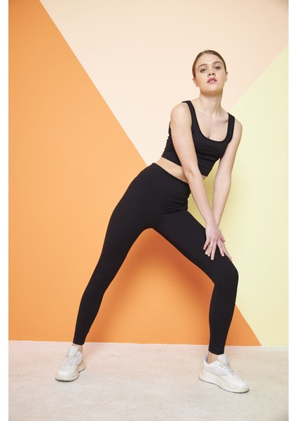 Siyah Yüksek Bel Fitilli Toparlayıcı Interlok Örme Spor Dar Paça Kadın Tayt fırsatları