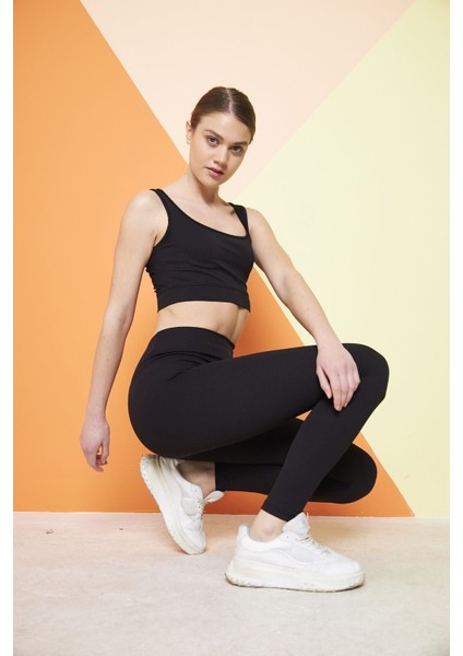 Siyah Yüksek Bel Fitilli Toparlayıcı Interlok Örme Spor Dar Paça Kadın Tayt indirimleri