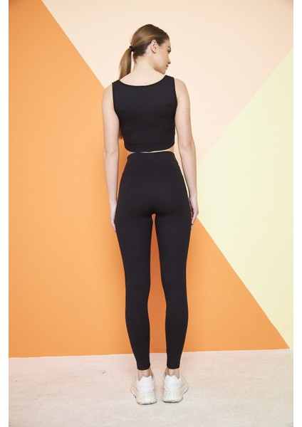 Siyah Yüksek Bel Fitilli Toparlayıcı Interlok Örme Spor Dar Paça Kadın Tayt