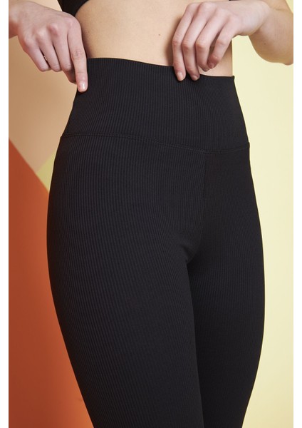 Siyah Yüksek Bel Fitilli Toparlayıcı Interlok Örme Spor Dar Paça Kadın Tayt