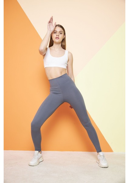 Antrasit Yüksek Bel Fitilli Toparlayıcı Interlok Örme Spor Dar Paça Kadın Tayt fiyatları