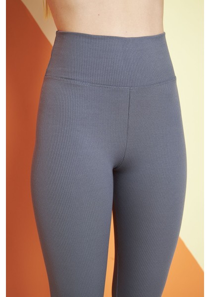 Antrasit Yüksek Bel Fitilli Toparlayıcı Interlok Örme Spor Dar Paça Kadın Tayt indirimleri