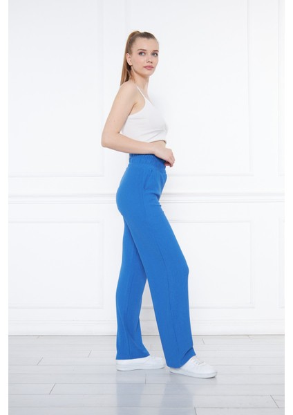 Mavi Beli Lastikli Bol Paça Çift Cepli Yüksek Bel Bürümcük Örme Kadın Pantolon fiyatları