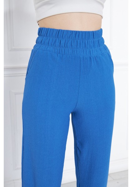 Mavi Beli Lastikli Bol Paça Çift Cepli Yüksek Bel Bürümcük Örme Kadın Pantolon modelleri