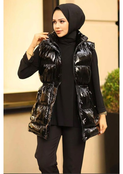 Kadın Çıt Çıtlı Fermuarlı Cepli Siyah Parlak Şişme Yelek fiyatları