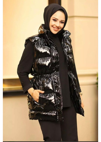 Kadın Çıt Çıtlı Fermuarlı Cepli Siyah Parlak Şişme Yelek modelleri