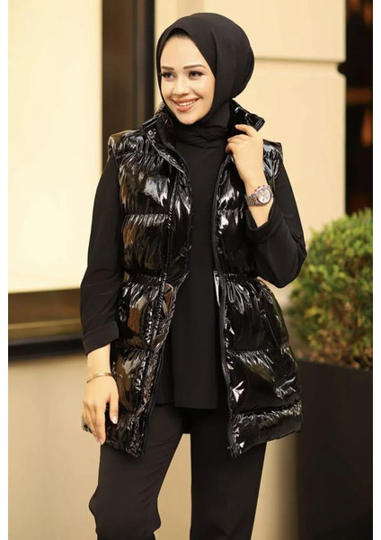 Kadın Çıt Çıtlı Fermuarlı Cepli Siyah Parlak Şişme Yelek fırsatları