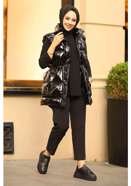 Kadın Çıt Çıtlı Fermuarlı Cepli Siyah Parlak Şişme Yelek indirimleri