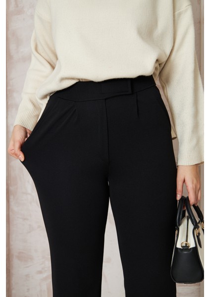 Kadın Likralı Cırt Kapama Siyah Geniş Paçalı Rahat Pantolon modelleri