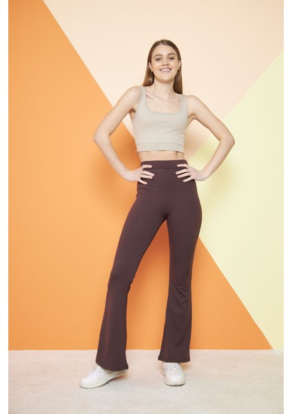 Kahverengi Yüksek Bel Fitilli Ispanyol Paça Interlok Örme Kadın Tayt