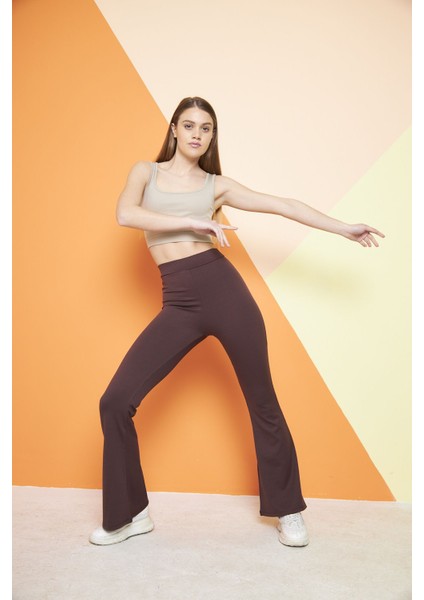 Kahverengi Yüksek Bel Fitilli Ispanyol Paça Interlok Örme Kadın Tayt fiyatları