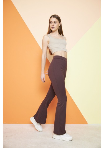 Kahverengi Yüksek Bel Fitilli Ispanyol Paça Interlok Örme Kadın Tayt modelleri