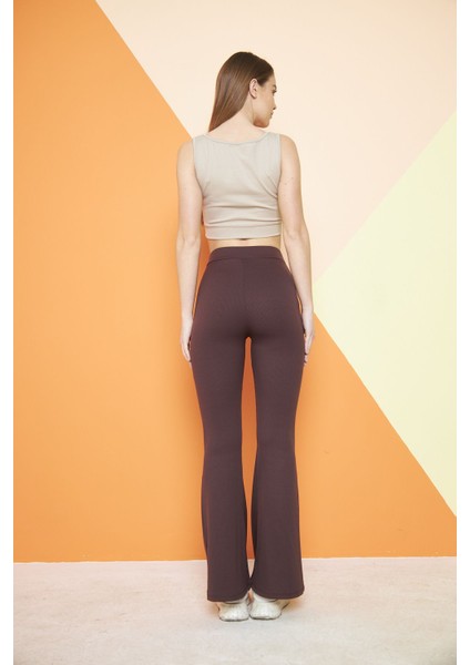 Kahverengi Yüksek Bel Fitilli Ispanyol Paça Interlok Örme Kadın Tayt fırsatları