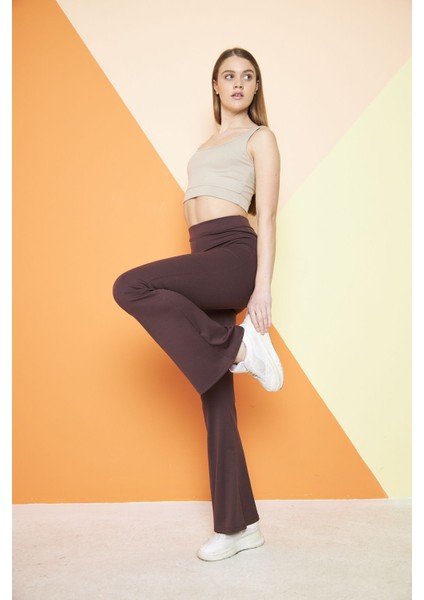 Kahverengi Yüksek Bel Fitilli Ispanyol Paça Interlok Örme Kadın Tayt