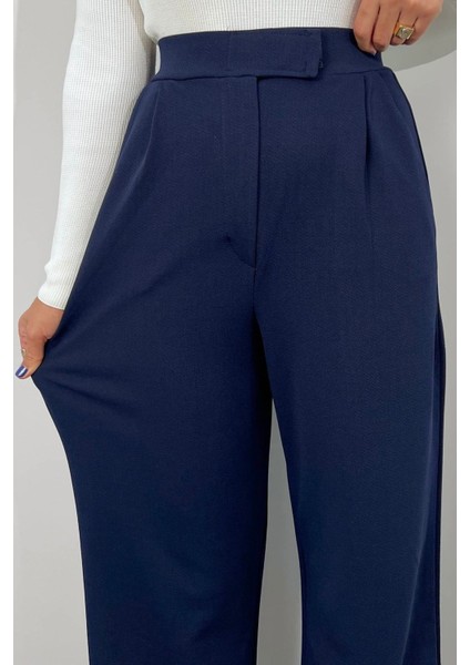 Kadın Likralı Cırt Kapama Lacivert Geniş Paçalı Rahat Palazzo Pantolon modelleri