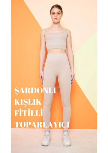 Bej Yüksek Bel Fitilli Toparlayıcı İnterlok Örme Şardonlu Spor Kışlık Tayt