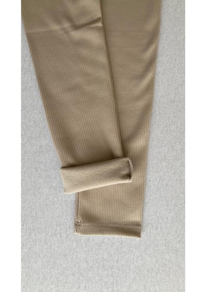 Bej Yüksek Bel Fitilli Toparlayıcı İnterlok Örme Şardonlu Spor Kışlık Tayt fiyatları