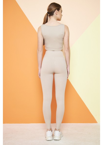 Bej Yüksek Bel Fitilli Toparlayıcı İnterlok Örme Şardonlu Spor Kışlık Tayt modelleri