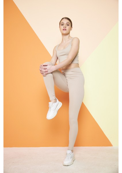 Bej Yüksek Bel Fitilli Toparlayıcı İnterlok Örme Şardonlu Spor Kışlık Tayt fırsatları