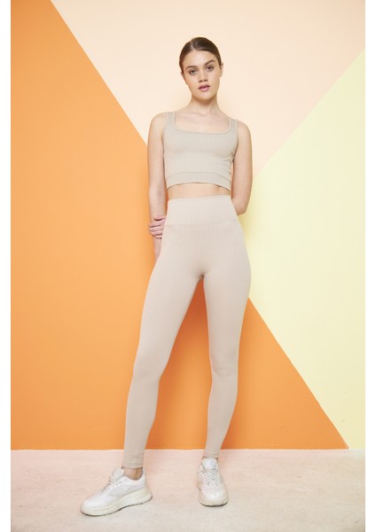 Bej Yüksek Bel Fitilli Toparlayıcı İnterlok Örme Şardonlu Spor Kışlık Tayt