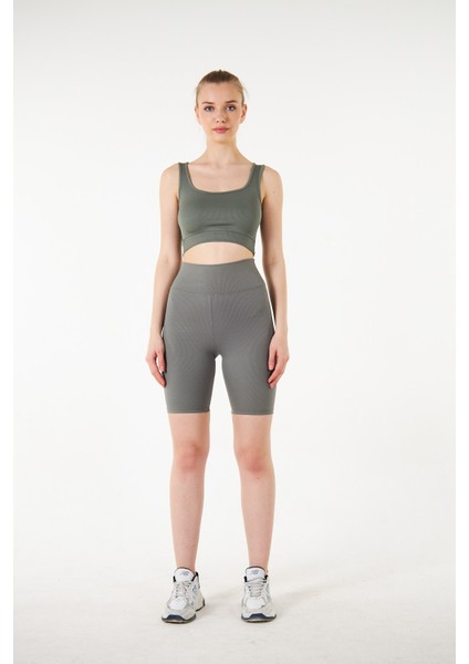Haki Yüksek Bel Toparlayıcı Kısa Şort Spor Fitilli Biker Tayt