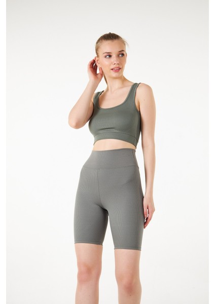 Haki Yüksek Bel Toparlayıcı Kısa Şort Spor Fitilli Biker Tayt fiyatları